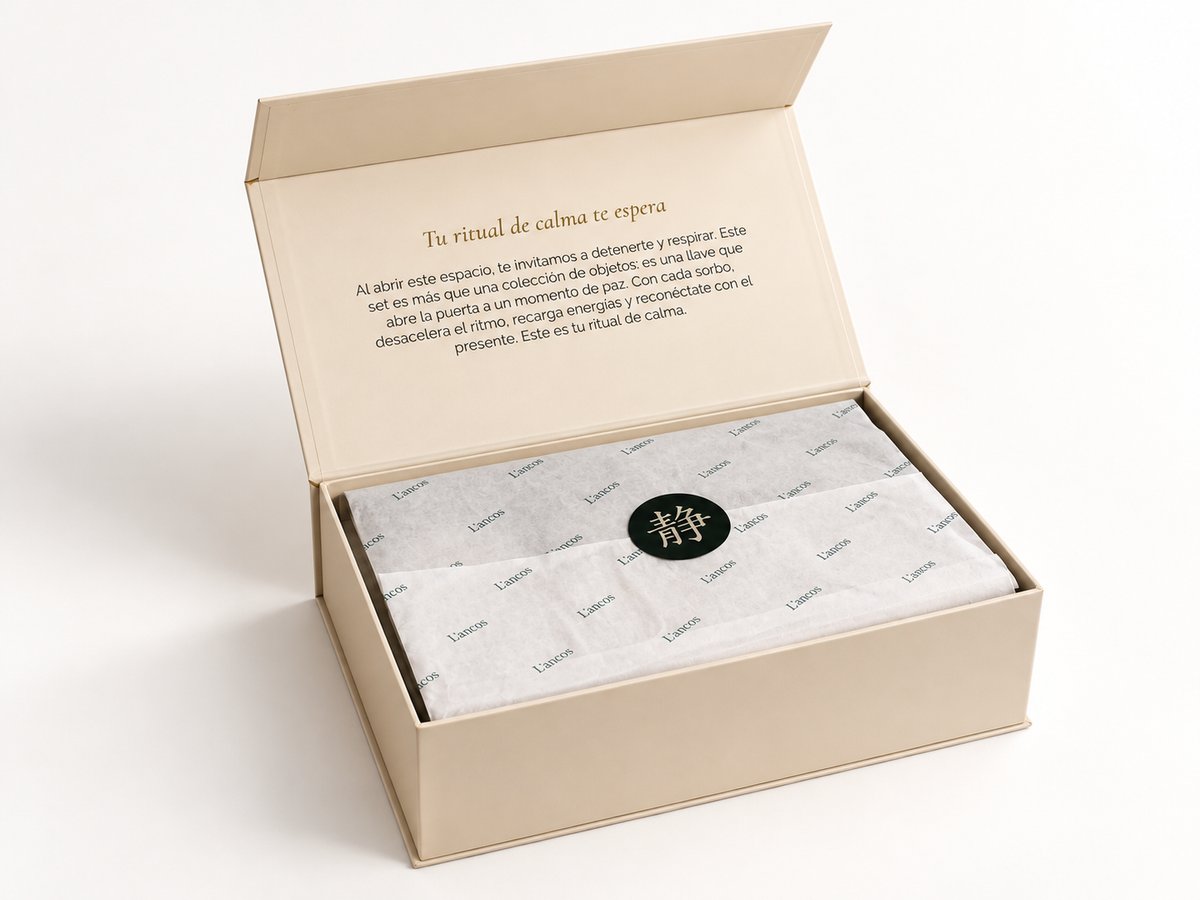 Caja L'ancos abierta con packaging interior